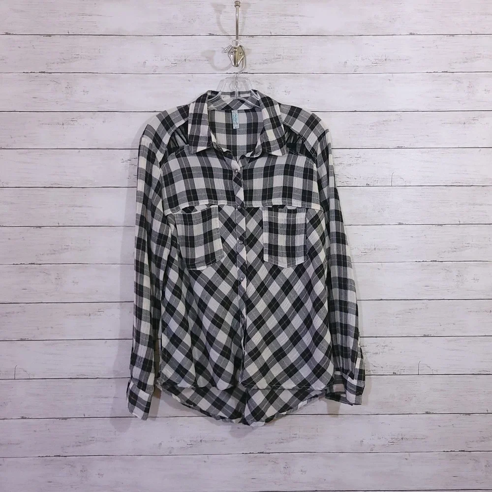 Free People Plaid Lace Up Shoulder‎ Snap Front High Low Shirt Black White Small